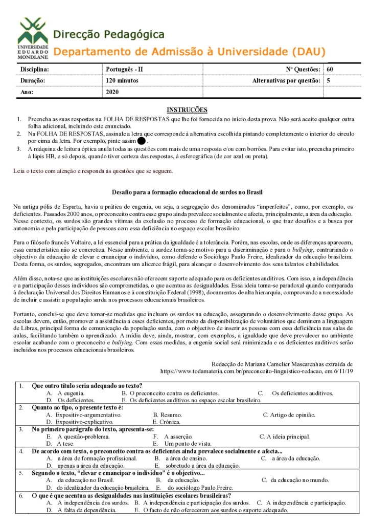 Capa de Português 2 UEM 2020 (Enunciado)