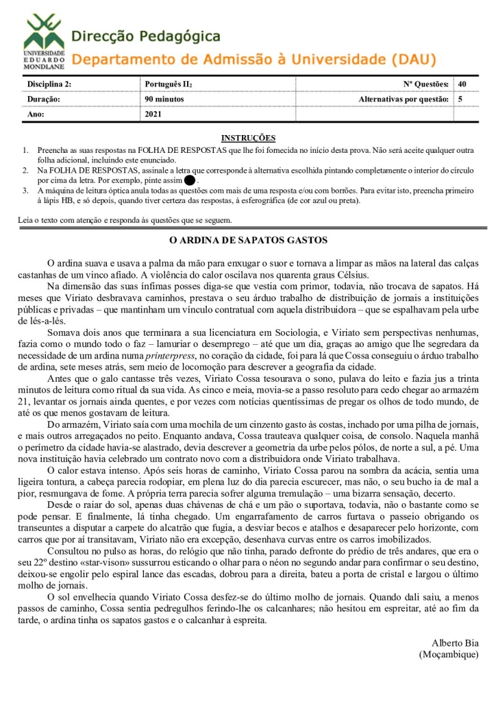 Capa de Português 2 UEM 2021 (Enunciado)