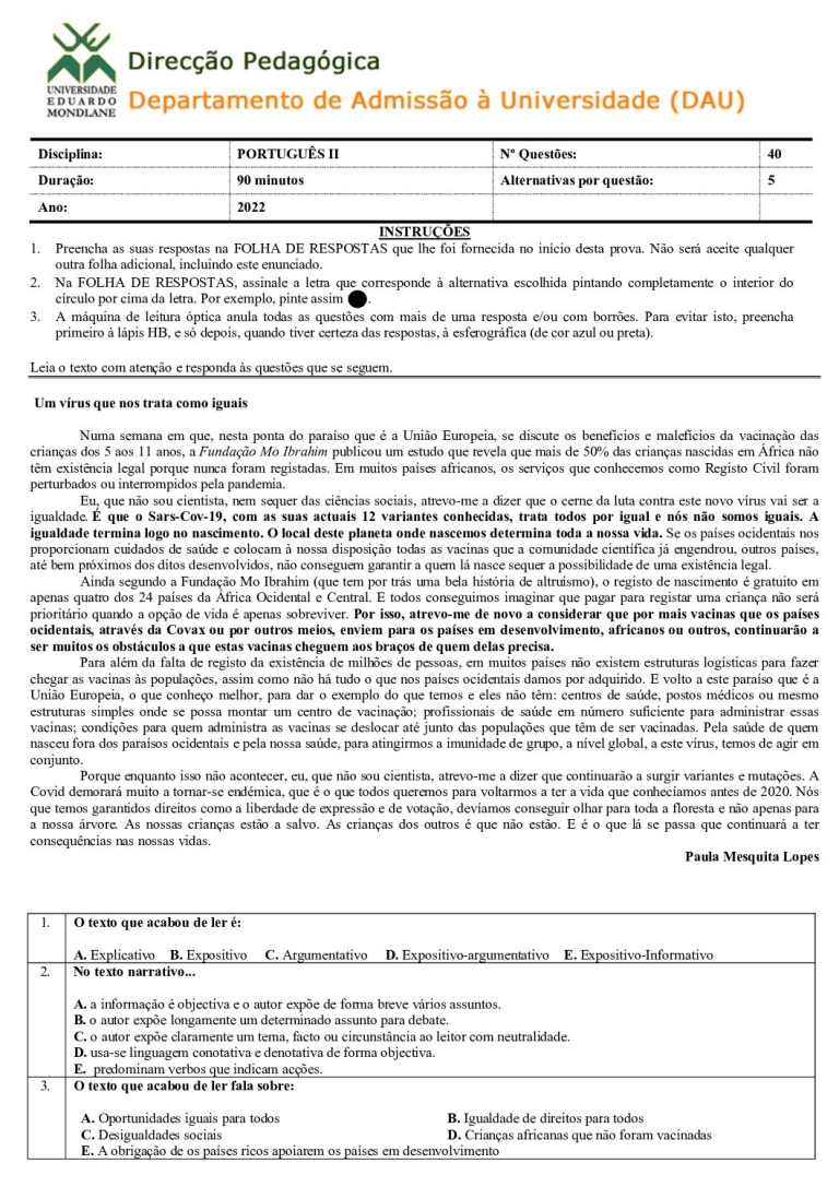 Português 2 UEM 2022 (Enunciado)