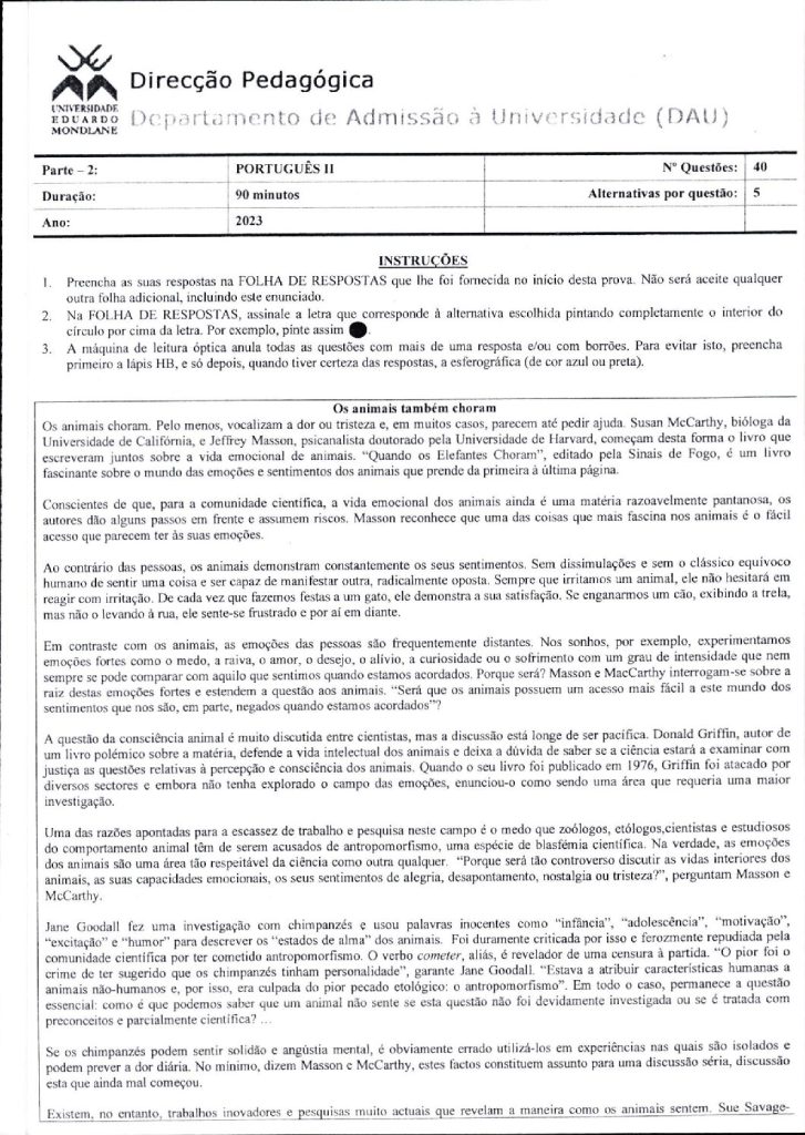 Capa de Português 2 UEM 2023 (Enunciado)