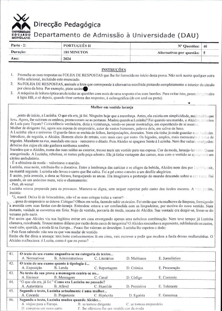 Capa de Português 2 UEM 2024 (Enunciado)