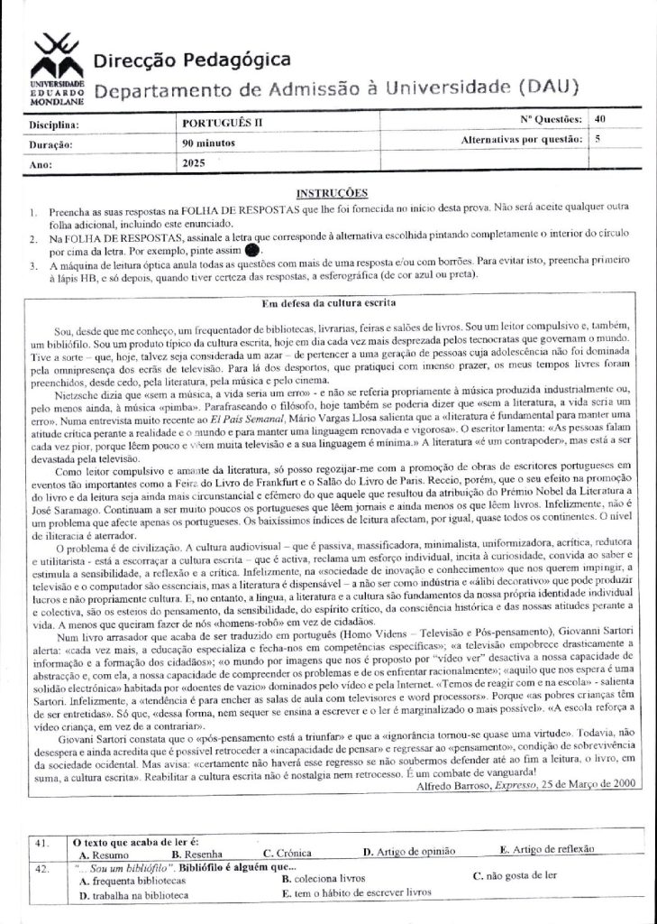 Capa de Português 2 UEM 2025 (Enunciado)