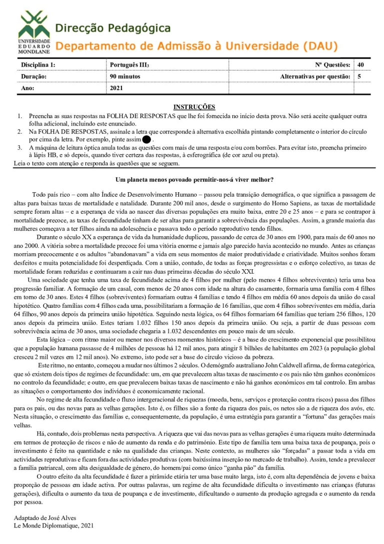Português 3 UEM 2021 (Enunciado)