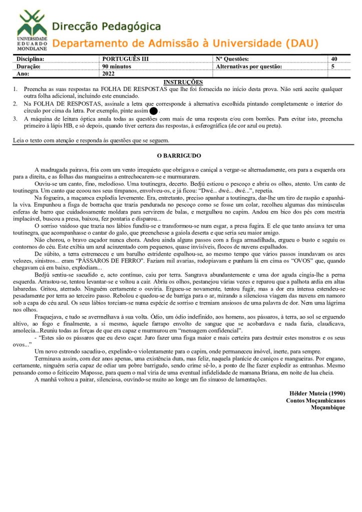 Capa de Português 3 UEM 2023 (Enunciado)