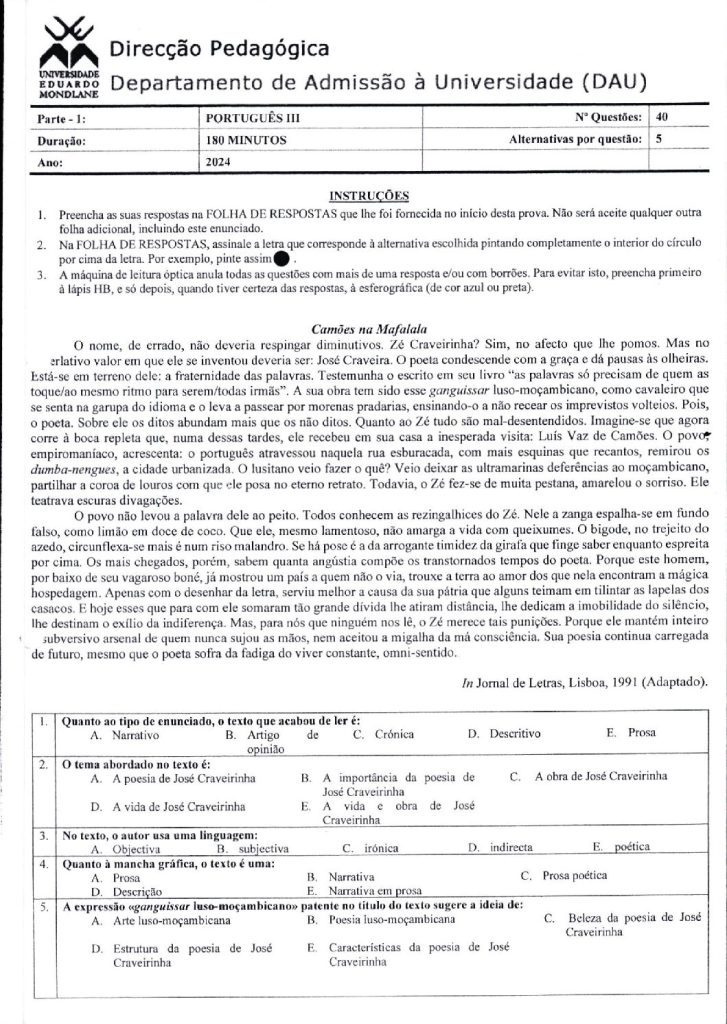 Capa de Português 3 UEM 2024 (Enunciado)