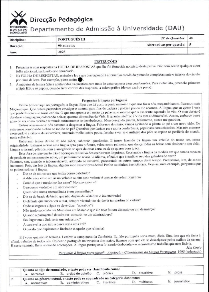 Capa de Português 3 UEM 2025 (Enunciado)
