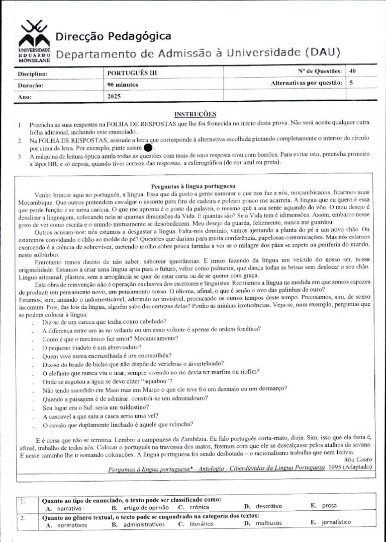 Português 3 UEM 2025 (Enunciado)