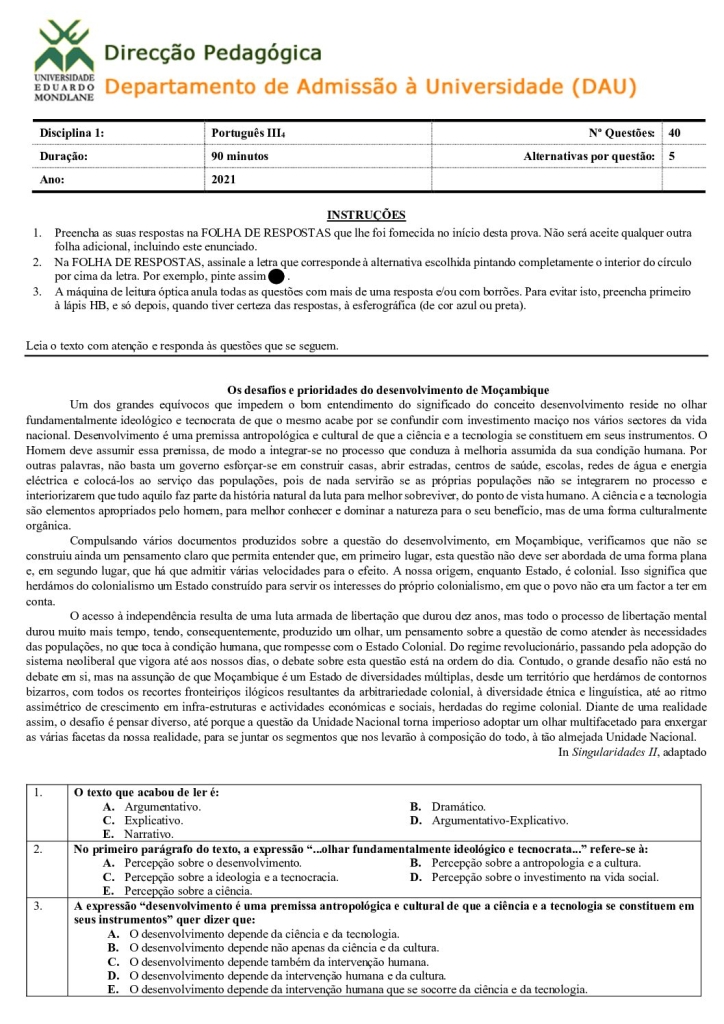 Capa de Português 4 UEM 2021 (Enunciado)