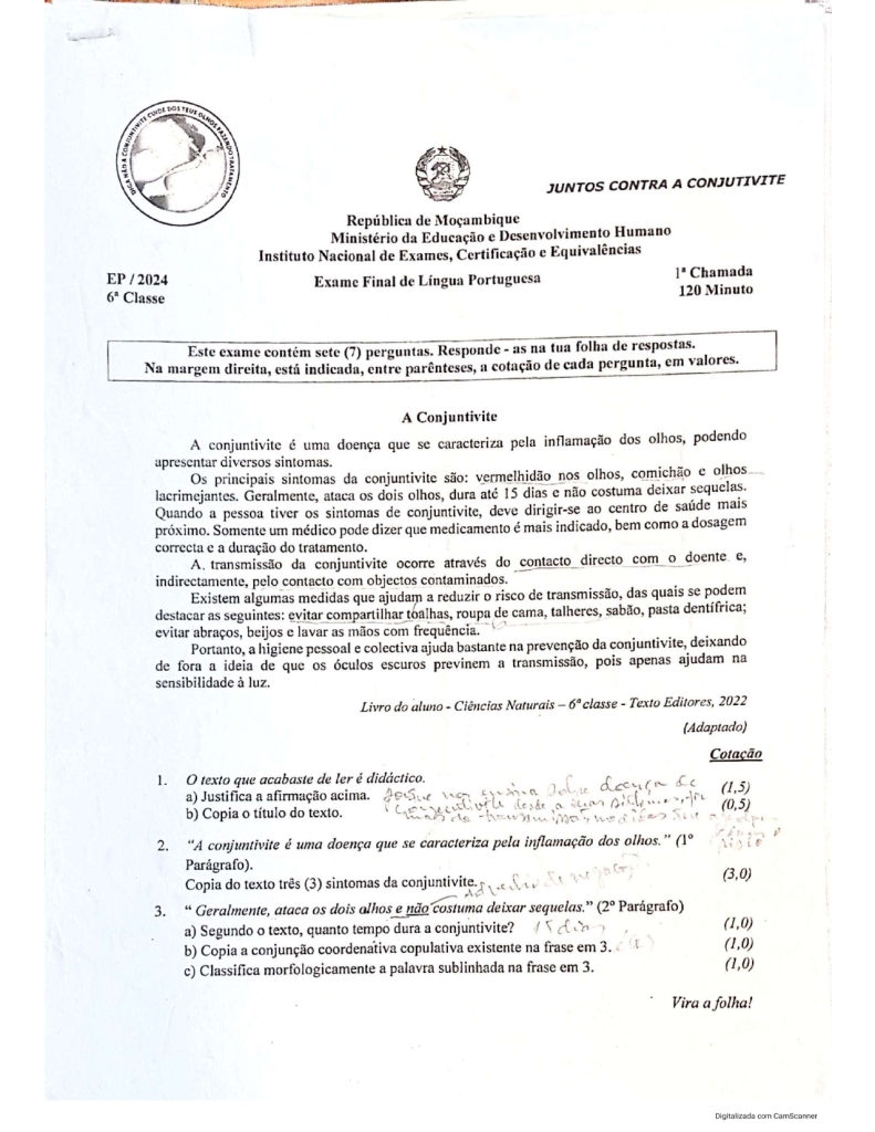 Capa de Português 6ª Classe 2024 – 1ª Chamada