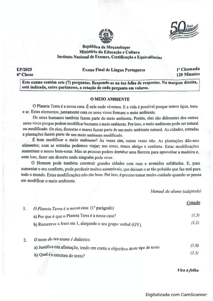 Capa de Português 6ª Classe 2025 – 1ª Chamada
