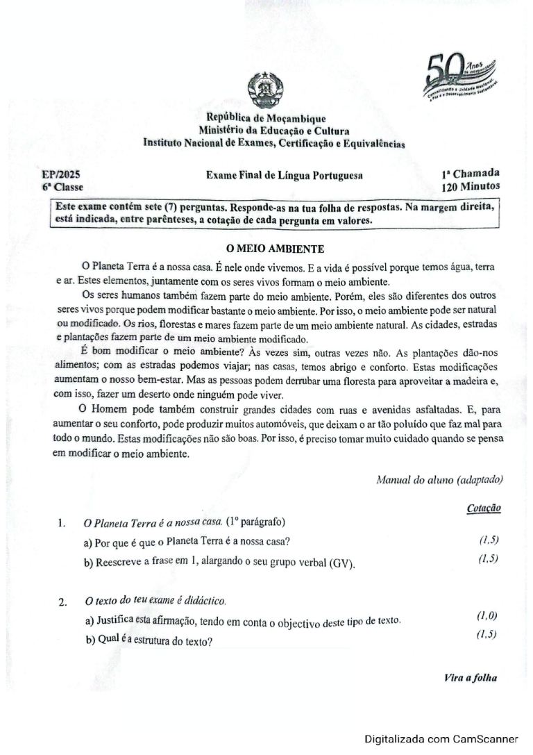 Português 6ª Classe 2025 – 1ª Chamada