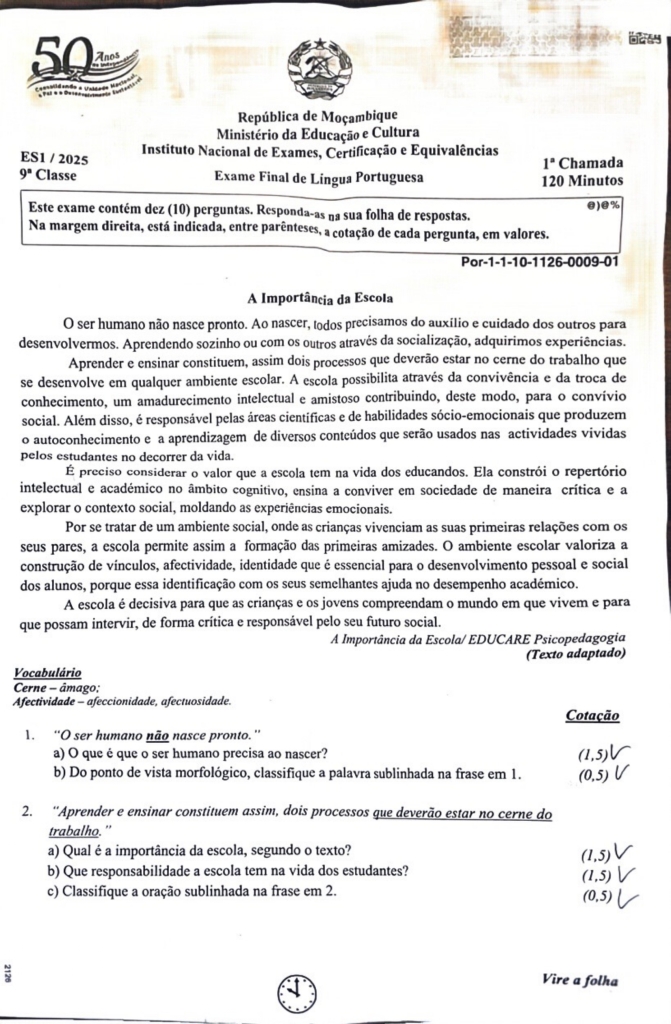 Capa de Português 9ª Classe 2025 – 1ª Chamada