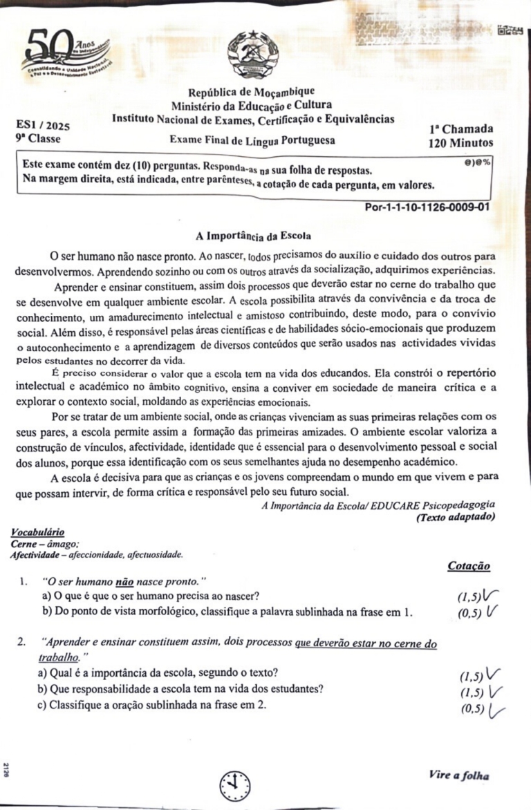Português 9ª Classe 2025 – 1ª Chamada