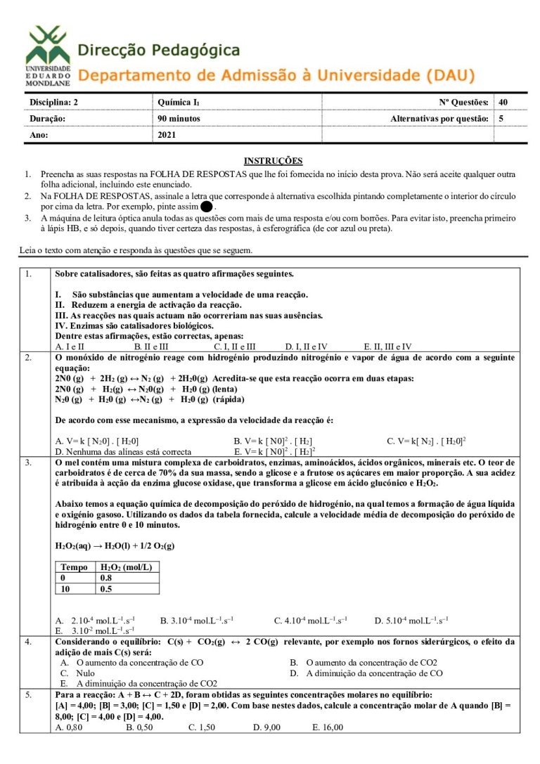 Química 1 UEM 2021 (Enunciado e Resolução)