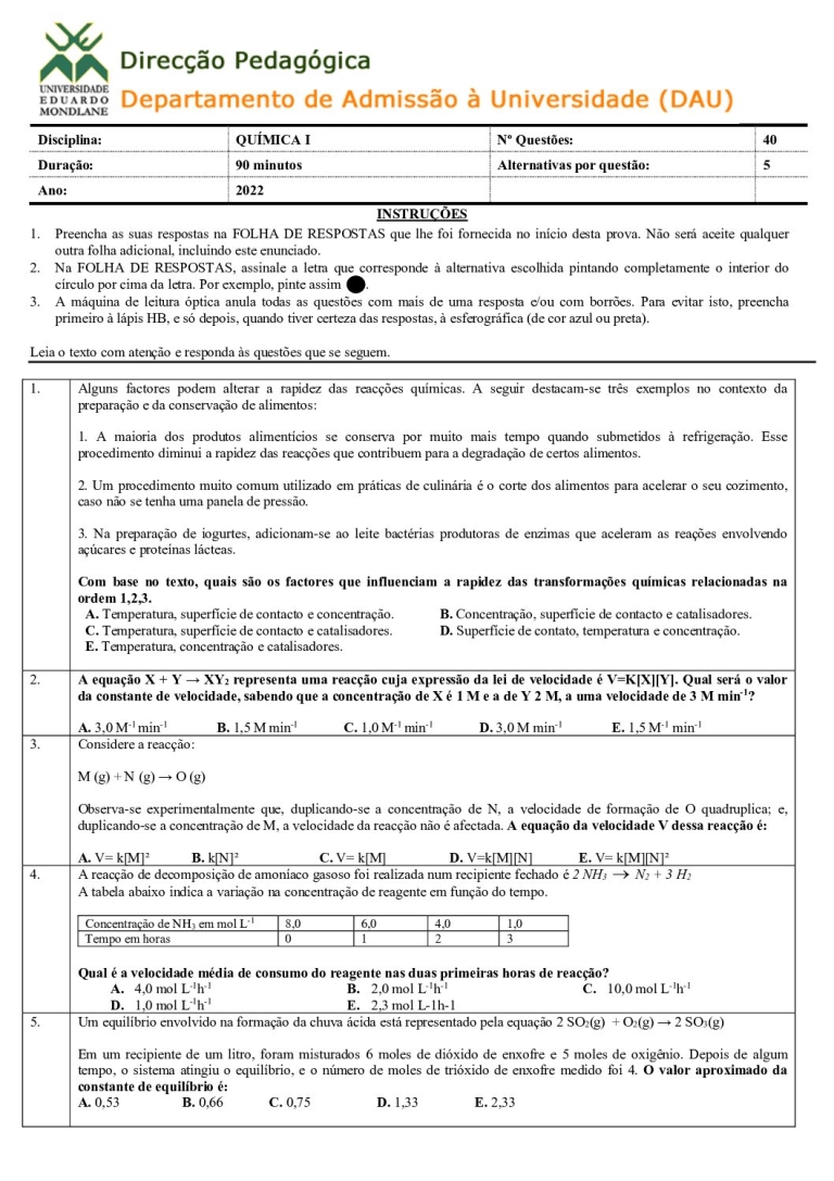 Química 1 UEM 2022 (Enunciado e Resolução)