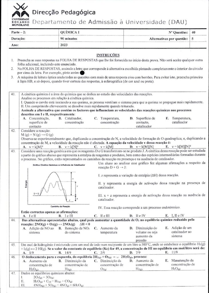 Capa de Química 1 UEM 2023 (Enunciado e Resolução)