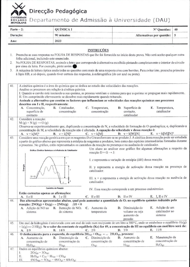 Química 1 UEM 2023 (Enunciado e Resolução)