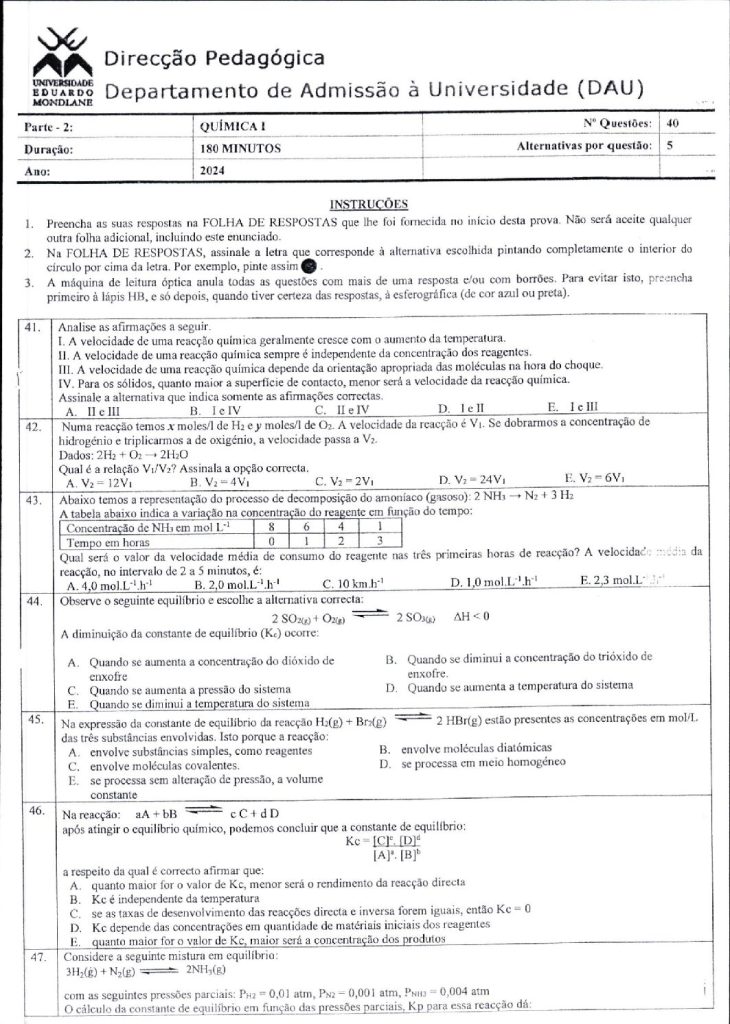 Capa de Química 1 UEM 2024 (Enunciado e Resolução)