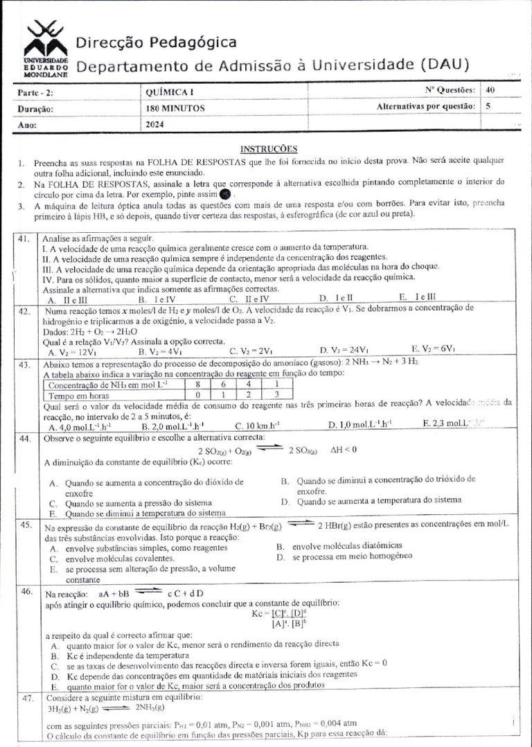 Química 1 UEM 2024 (Enunciado e Resolução)