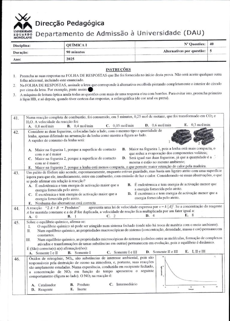 Química 1 UEM 2025 (Enunciado e Resolução)