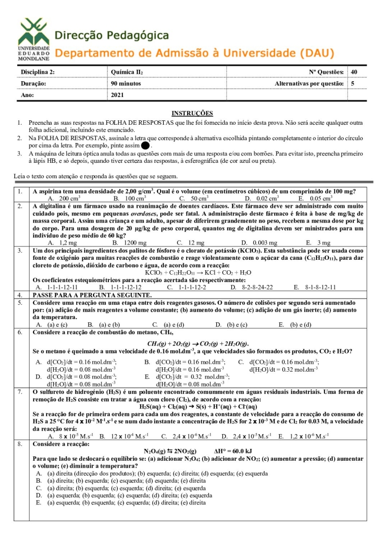 Química 2 UEM 2021 (Enunciado e Resolução)