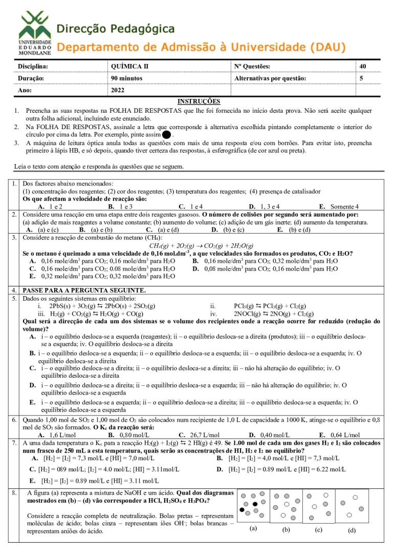 Química 2 UEM 2022 (Enunciado e Resolução)