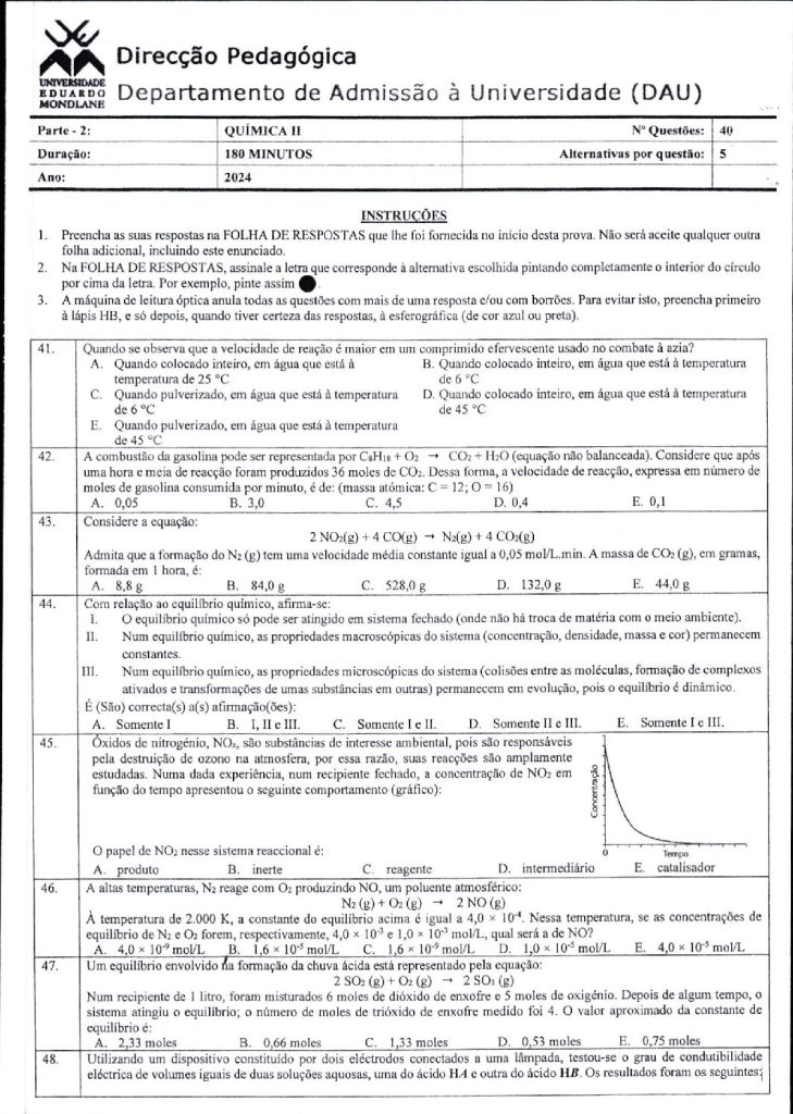 Capa de Química 2 UEM 2024 (Enunciado e Resolução)