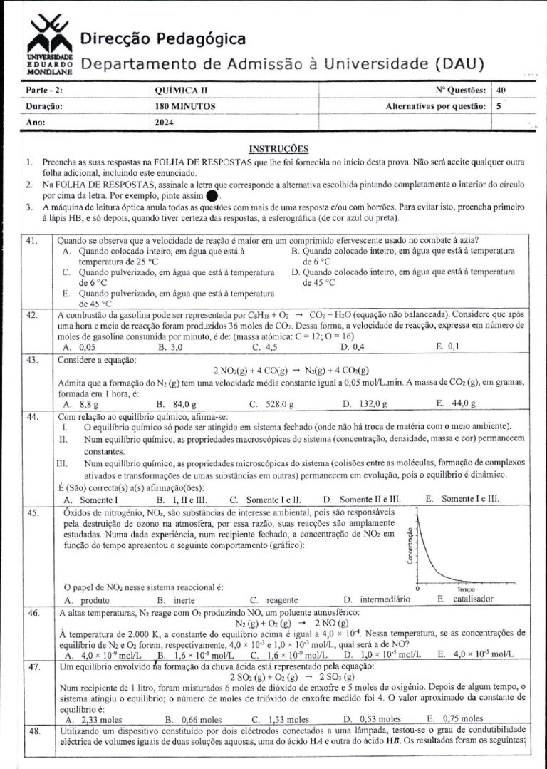 Química 2 UEM 2024 (Enunciado e Resolução)