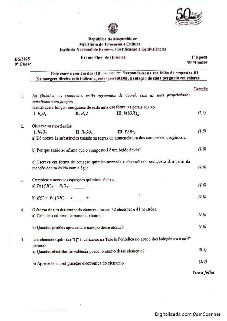 Química 9ª Classe 2025 – 1ª Chamada