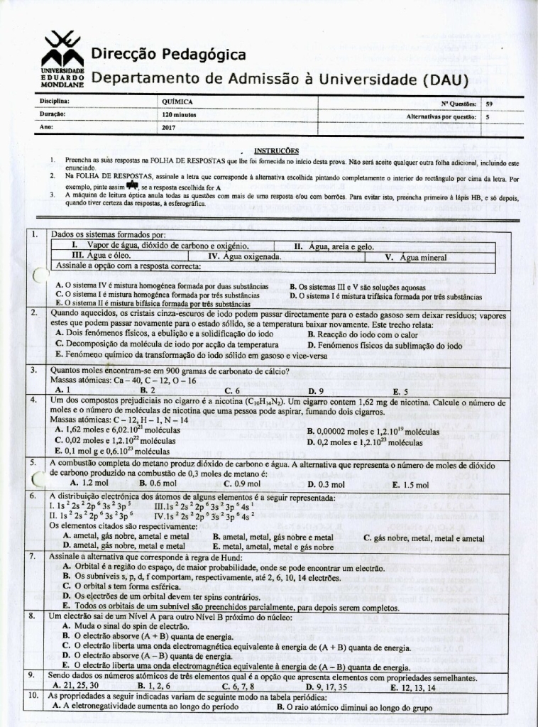 Capa de Química UEM 2017 (Enunciado e Resolução)