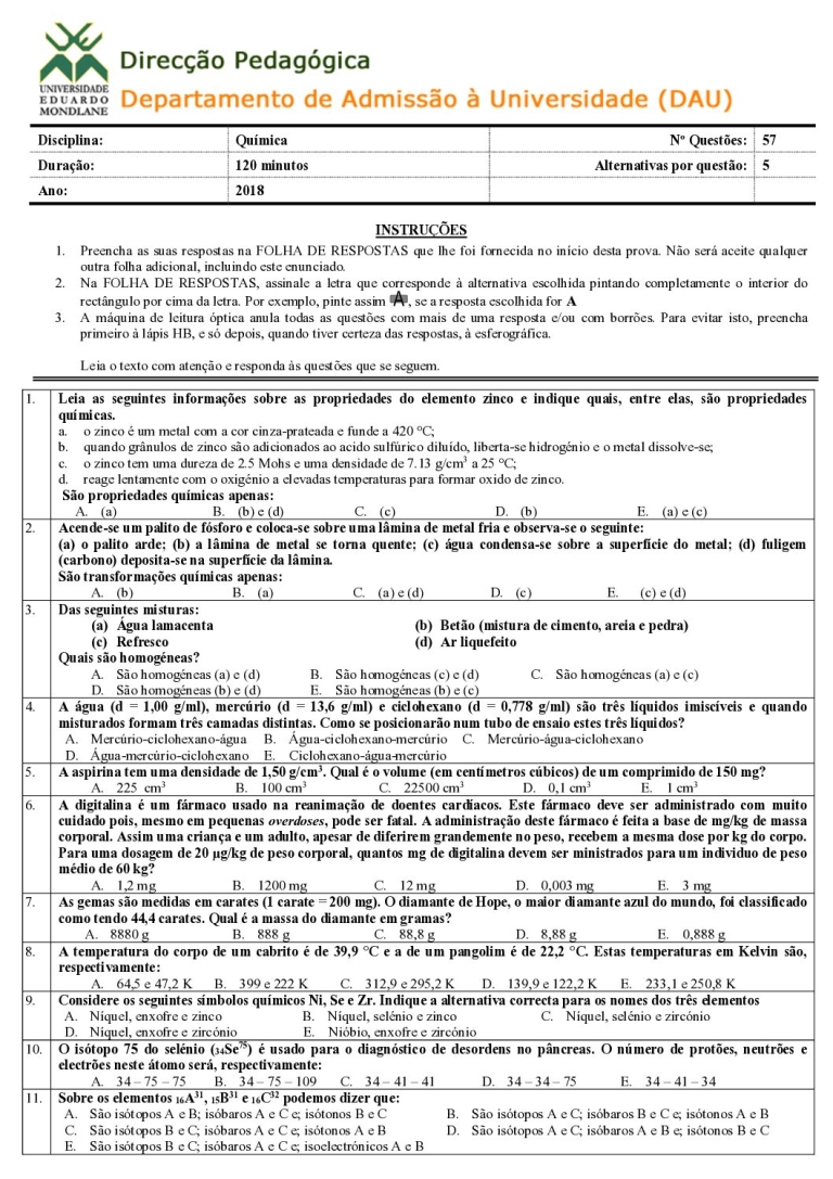 Química UEM 2018 (Enunciado e Resolução)