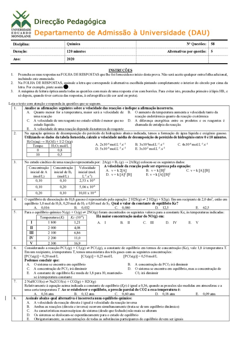 Química UEM 2020 (Enunciado e Resolução)