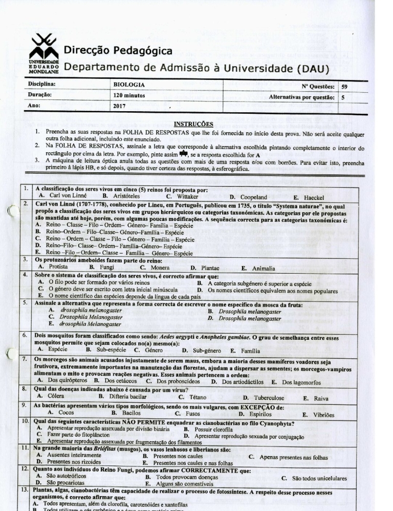 Biologia UEM 2017 (Enunciado e Resolução)