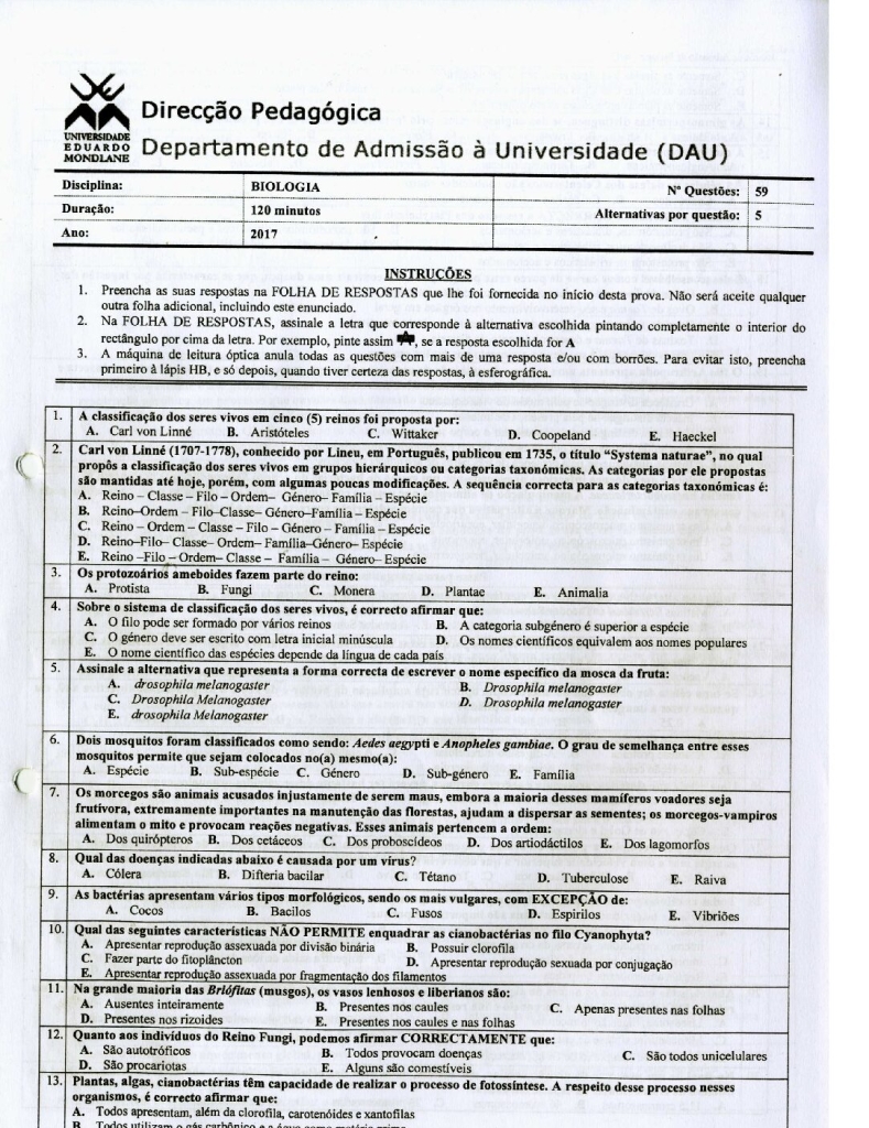 Capa de Biologia UEM 2017 (Enunciado e Resolução)